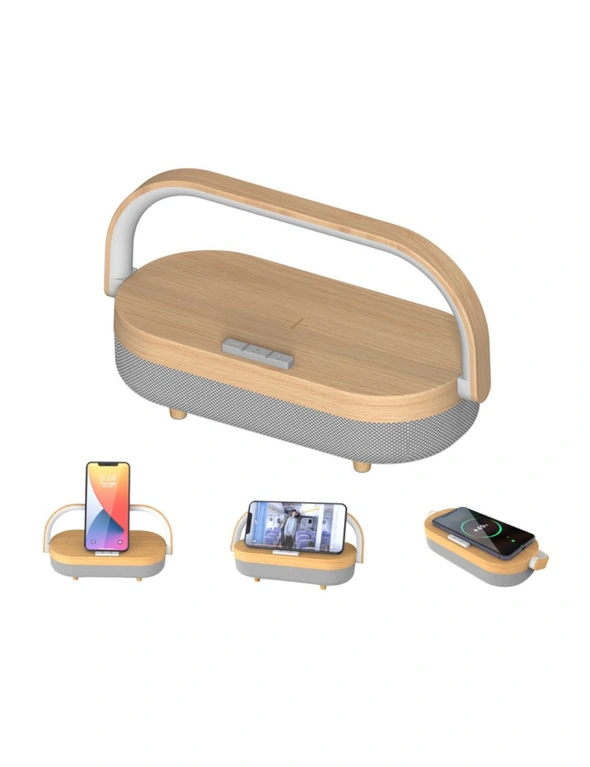 Orotec Eco Wooden Wireless Charger Bluetooth Speaker with LED Light, hi-res image number null