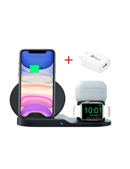 Orotec 10W 3-in-1 Fast Charge Triple Wireless Charger Station for Apple (Black) with Qualcomm Charger