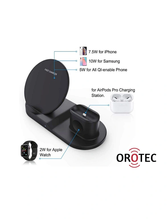 Orotec 10W 3-in-1 Fast Charge Triple Wireless Charger Station for Apple (Black) with Qualcomm Charger, hi-res image number null