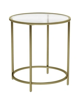 VASAGLE Round Side Table, End Table with Tempered Glass Gold Metal Frame