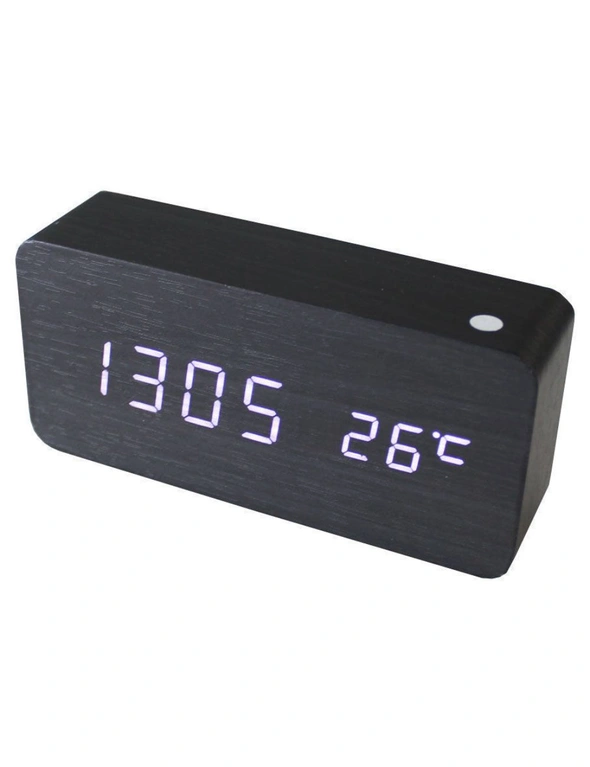 TODO White Led Wooden 3 Alarm Clock + Temperature Display Usb/Battery Wood Black 6035, hi-res image number null