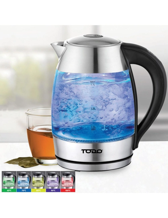 TODO 1.7L Glass Cordless Kettle Keep Warm Electric Dual Wall LED Water Jug - Stainless Steel, hi-res image number null