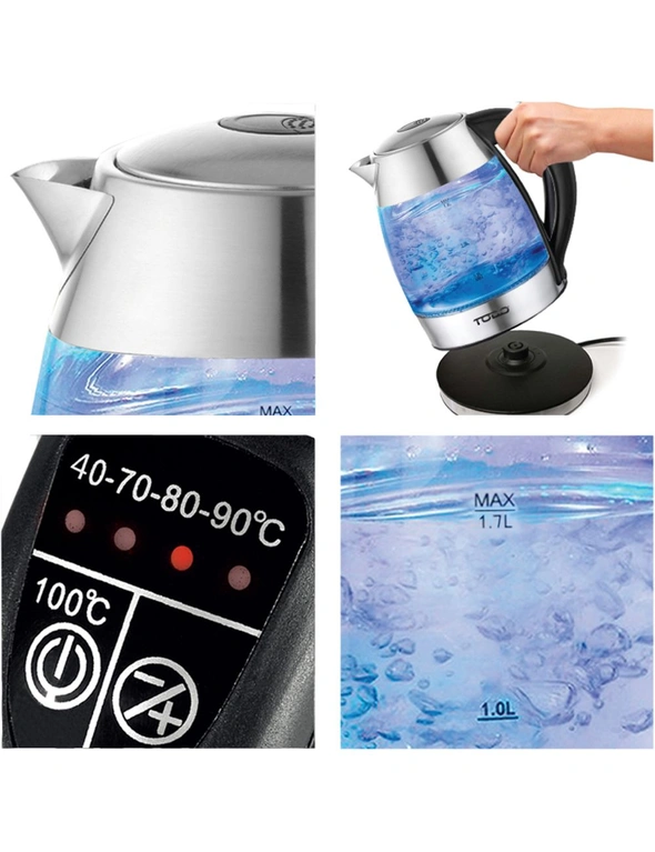 TODO 1.7L Glass Cordless Kettle Keep Warm Electric Dual Wall LED Water Jug - Stainless Steel, hi-res image number null