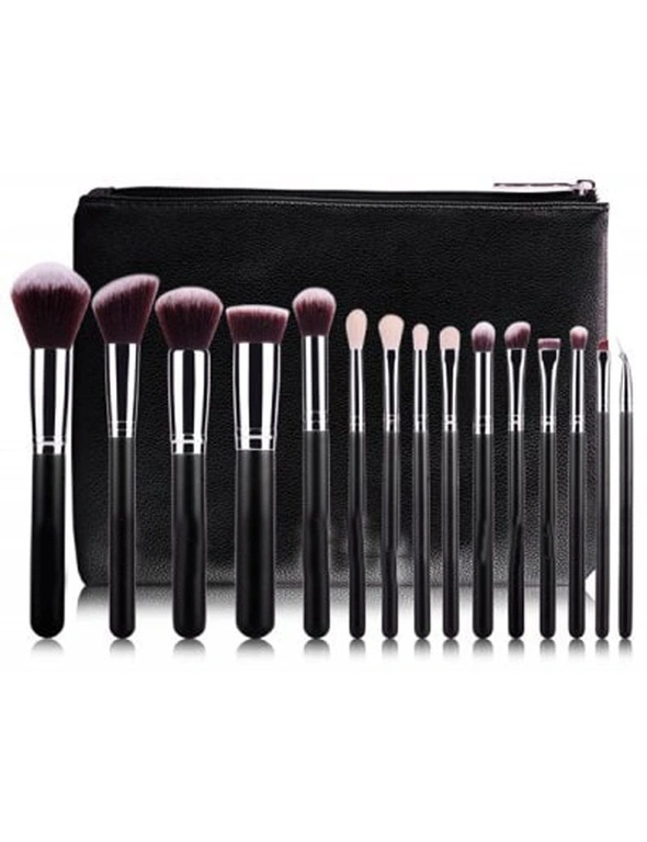 15 Piece Professional Makeup Brush Set Soft Bristle Goat Hair with Carry Case Black, hi-res image number null