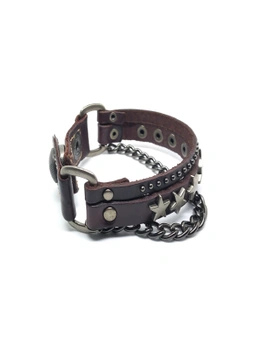 Pouch Me Genuine Leather Rockstar Bracelet Adjustable Button Lock Handmade Studded Leather Cuff With Chain