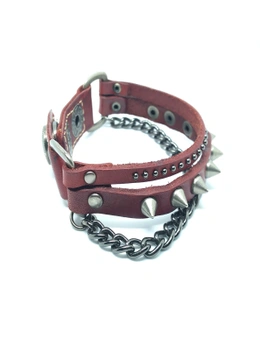 Pouch Me Genuine Leather Metal Rockstar Bracelet Adjustable Button Lock Handmade Studded Leather Cuff With Chain