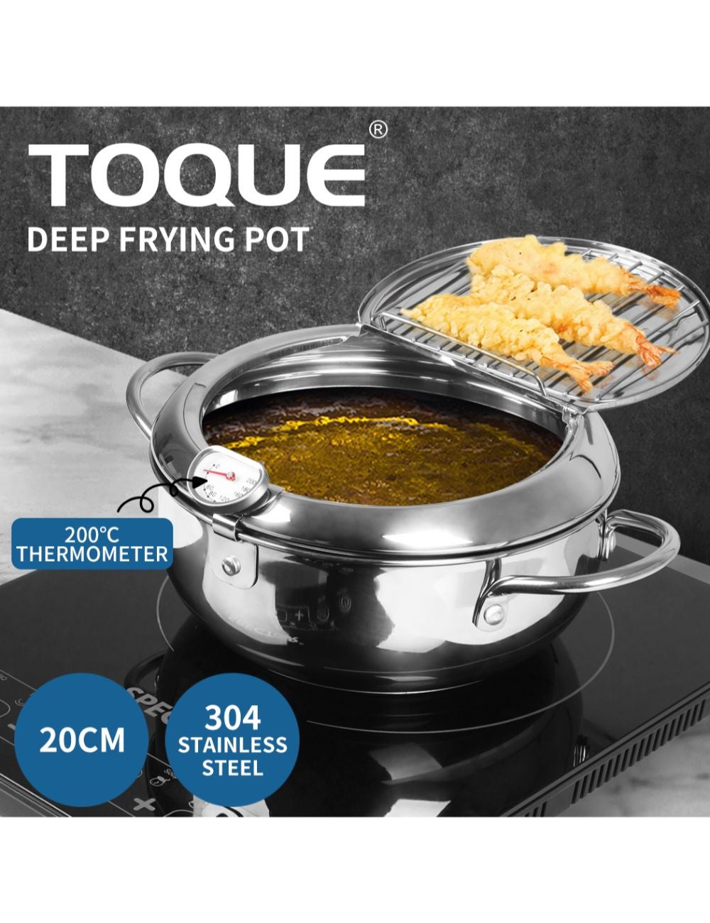 TOQUE Japanese Deep Frying Pot Thermometer Non-stick Tempura Pan 20cm Green