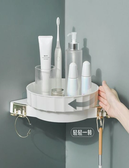 SOGA White 360 Degree Wall-Mounted Rotating Bathroom Organiser Corner Vanity Rack Toilet Adhesive Storage Shelf, hi-res image number null