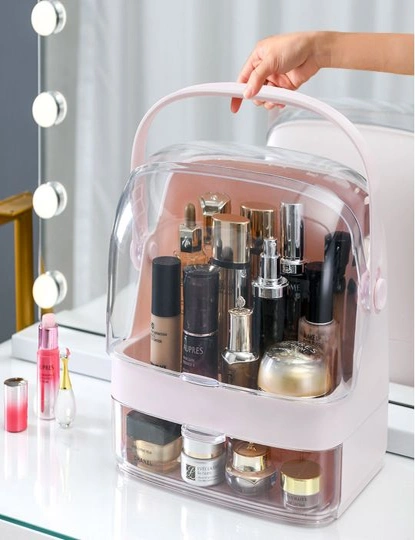 SOGA 2 Tier Pink Countertop Makeup Cosmetic Storage Organiser Skincare Holder Jewelry Storage Box with Handle, hi-res image number null