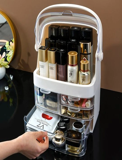 SOGA 3 Tier White Countertop Makeup Cosmetic Storage Organiser Skincare Holder Jewelry Storage Box with Handle, hi-res image number null