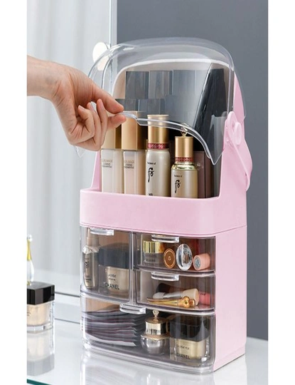 SOGA 2X 3 Tier Pink Countertop Makeup Cosmetic Storage Organiser Skincare Holder Jewelry Storage Box with Handle, hi-res image number null