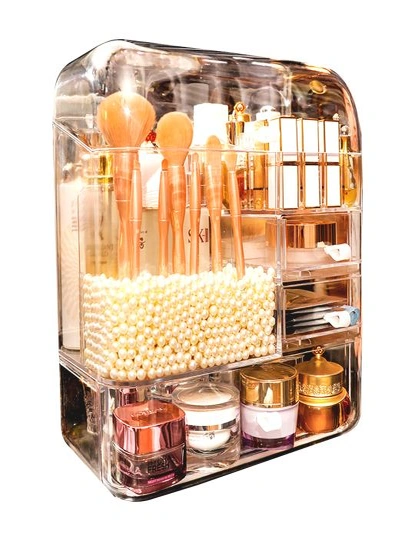 SOGA Transparent Cosmetic Storage Box Clear Makeup Skincare Holder with Lid Drawers Waterproof  Dustproof Organiser with Pearls, hi-res image number null