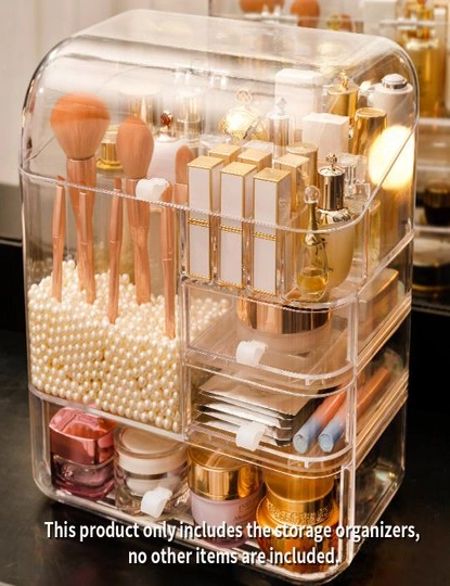 SOGA Transparent Cosmetic Storage Box Clear Makeup Skincare Holder with Lid Drawers Waterproof  Dustproof Organiser with Pearls, hi-res image number null