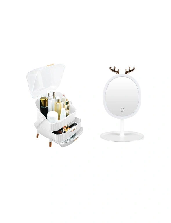 SOGA White Cosmetic Jewelry Storage Organiser with Antler LED Light Mirror Tabletop Vanity Set, hi-res image number null