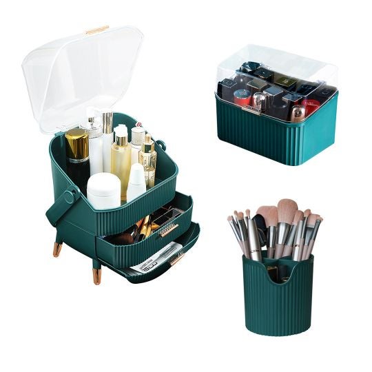 SOGA Green Cosmetic Jewelry Storage Organiser Set Makeup Brush Lipstick  Skincare Holder Jewelry Storage Box with Handle