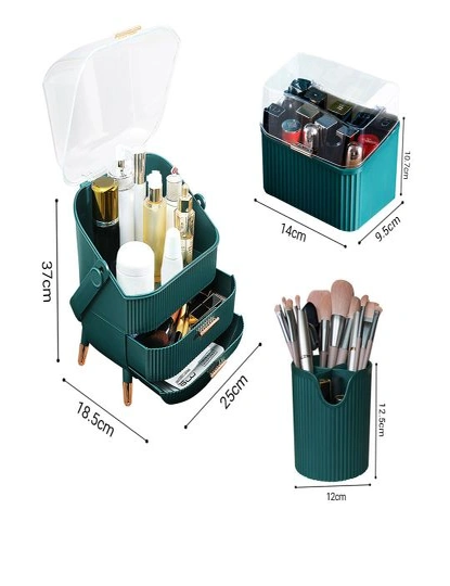 SOGA Green Cosmetic Jewelry Storage Organiser Set Makeup Brush Lipstick Skincare Holder Jewelry Storage Box with Handle, hi-res image number null