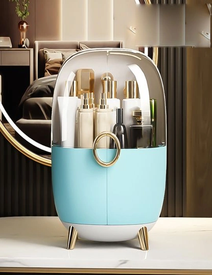 SOGA Blue Transparent Countertop Makeup Organiser Cosmetic Storage Waterproof Dustproof Bathroom Skincare Holder with Lid, hi-res image number null