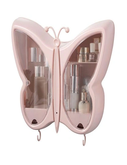 SOGA Pink Butterfly Shape Wall-Mounted Makeup Organiser Dustproof Waterproof Bathroom Storage Box Home Decor, hi-res image number null