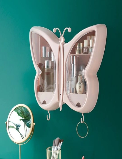 SOGA Pink Butterfly Shape Wall-Mounted Makeup Organiser Dustproof Waterproof Bathroom Storage Box Home Decor, hi-res image number null