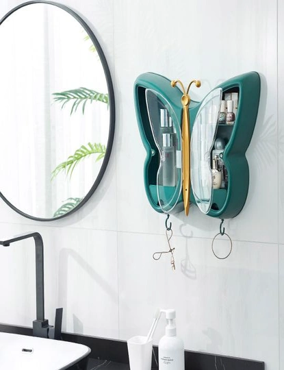 SOGA 2X Green Butterfly Shape Wall-Mounted Makeup Organiser Dustproof Waterproof Bathroom Storage Box Home Decor, hi-res image number null