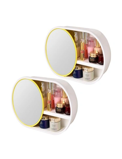 SOGA 2X 39cm Oval Wall-Mounted Mirror Storage Box Vanity Mirror Rack Bathroom Adhesive Shelf Home Organiser Decor, hi-res image number null