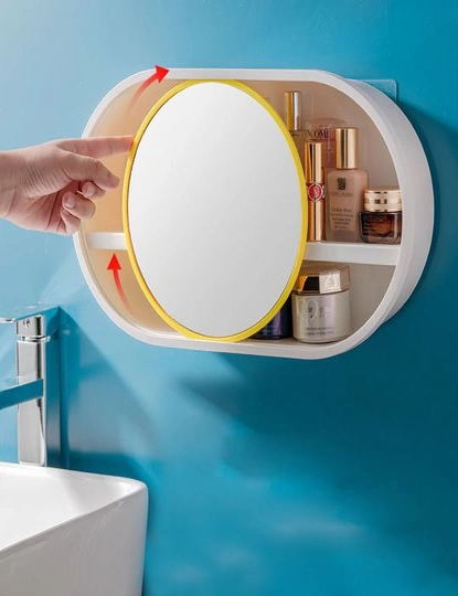SOGA 2X 39cm Oval Wall-Mounted Mirror Storage Box Vanity Mirror Rack Bathroom Adhesive Shelf Home Organiser Decor, hi-res image number null