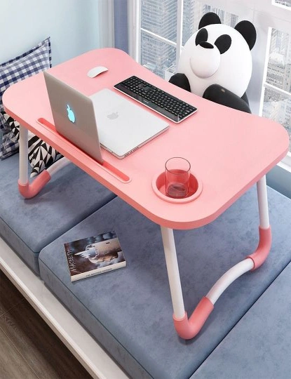 SOGA Pink Portable Bed Table Adjustable Folding Mini Desk Notebook Stand Card Slot Holder with Cup-Holder Home Decor, hi-res image number null