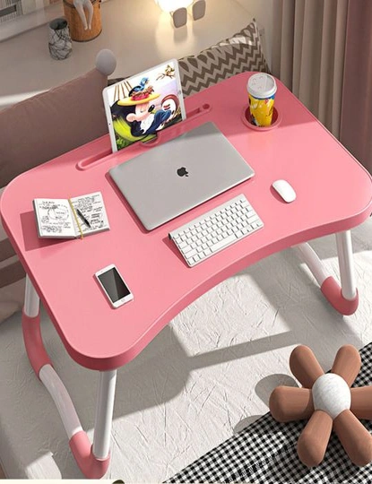 SOGA Pink Portable Bed Table Adjustable Folding Mini Desk Notebook Stand Card Slot Holder with Cup-Holder Home Decor, hi-res image number null