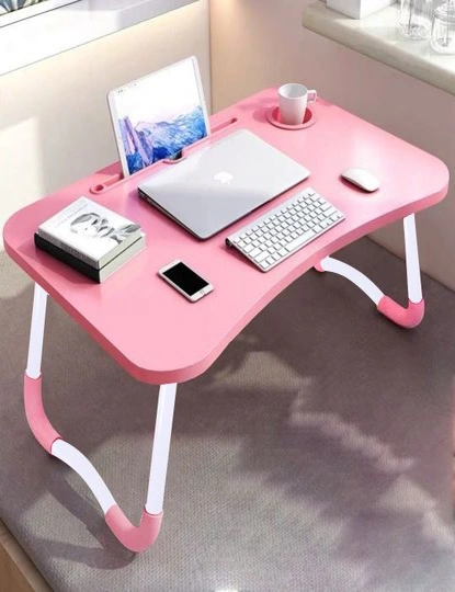 SOGA 2X Pink Portable Bed Table Adjustable Folding Mini Desk Notebook Stand Card Slot Holder with Cup-Holder Home Decor, hi-res image number null