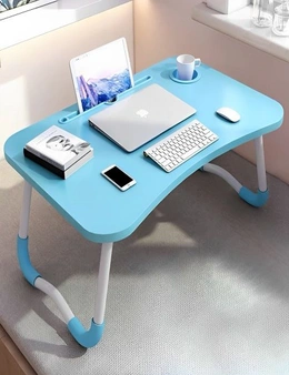 SOGA Blue Portable Bed Table Adjustable Foldable Bed Sofa Study Table Laptop Mini Desk with Notebook Stand Cup Slot Home Decor