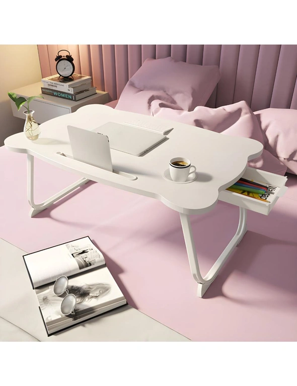 SOGA White Portable Bed Table Adjustable Folding Mini Desk With Mini Drawer and Cup-Holder Home Decor, hi-res image number null