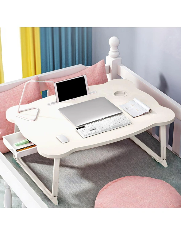 SOGA White Portable Bed Table Adjustable Folding Mini Desk With Mini Drawer and Cup-Holder Home Decor, hi-res image number null