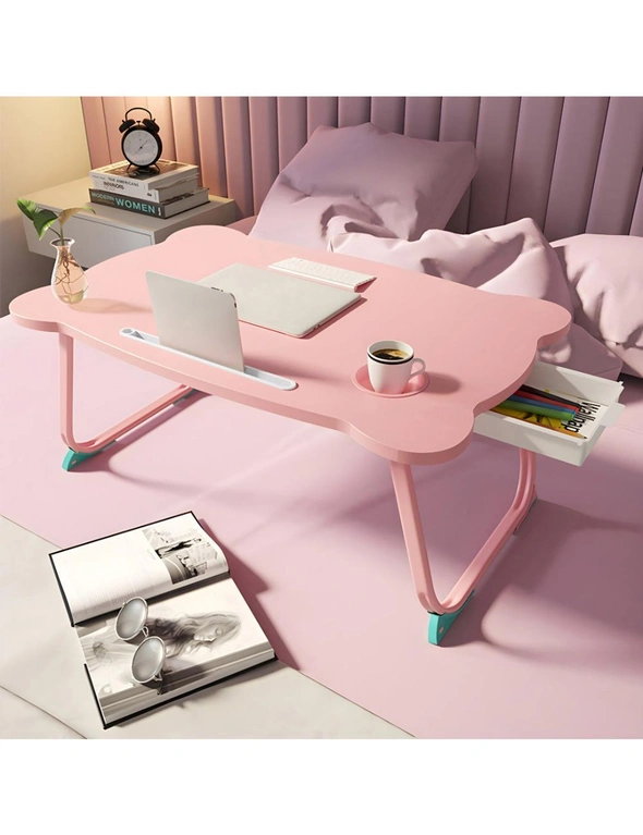 SOGA Pink Portable Bed Table Adjustable Folding Mini Desk With Mini Drawer and Cup-Holder Home Decor, hi-res image number null