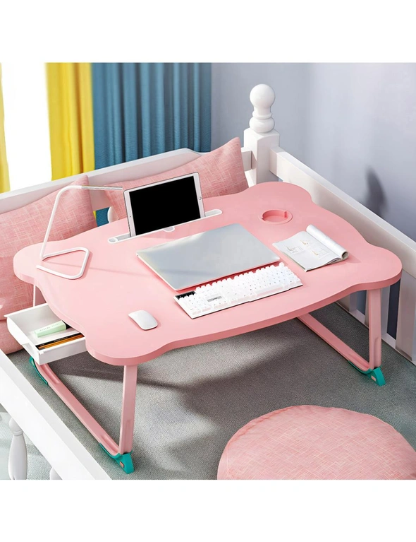 SOGA Pink Portable Bed Table Adjustable Folding Mini Desk With Mini Drawer and Cup-Holder Home Decor, hi-res image number null