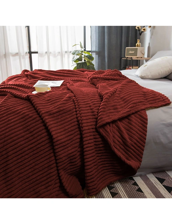 SOGA Burgundy Throw Blanket Warm Cozy Striped Pattern Thin Flannel Coverlet Fleece Bed Sofa Comforter, hi-res image number null