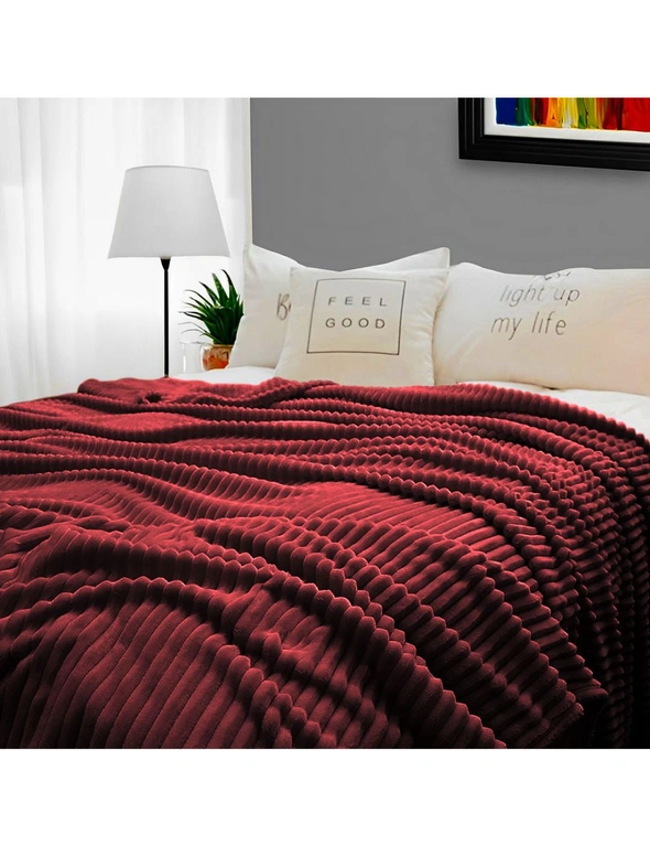 SOGA Burgundy Throw Blanket Warm Cozy Striped Pattern Thin Flannel Coverlet Fleece Bed Sofa Comforter, hi-res image number null