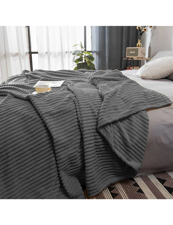 SOGA GreyThrow Blanket Warm Cozy Striped Pattern Thin Flannel Coverlet Fleece Bed Sofa Comforter, hi-res image number null