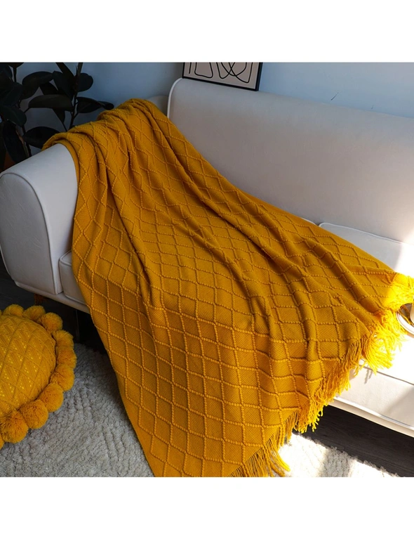 SOGA Yellow Diamond Pattern Knitted Throw Blanket Warm Cozy Woven Cover Couch Bed Sofa Home Decor with Tassels, hi-res image number null