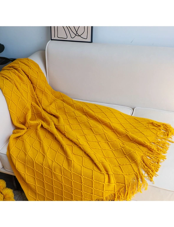 SOGA Yellow Diamond Pattern Knitted Throw Blanket Warm Cozy Woven Cover Couch Bed Sofa Home Decor with Tassels, hi-res image number null
