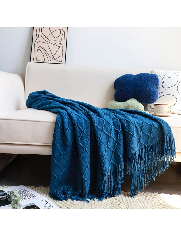 SOGA Royal Blue Diamond Pattern Knitted Throw Blanket Warm Cozy Woven Cover Couch Bed Sofa Home Decor with Tassels, hi-res image number null