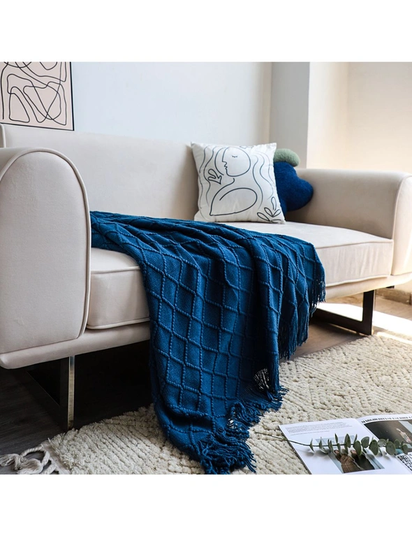 SOGA 2X Royal Blue Diamond Pattern Knitted Throw Blanket Warm Cozy Woven Cover Couch Bed Sofa Home Decor with Tassels, hi-res image number null