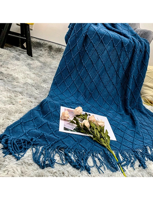 SOGA 2X Royal Blue Diamond Pattern Knitted Throw Blanket Warm Cozy Woven Cover Couch Bed Sofa Home Decor with Tassels, hi-res image number null