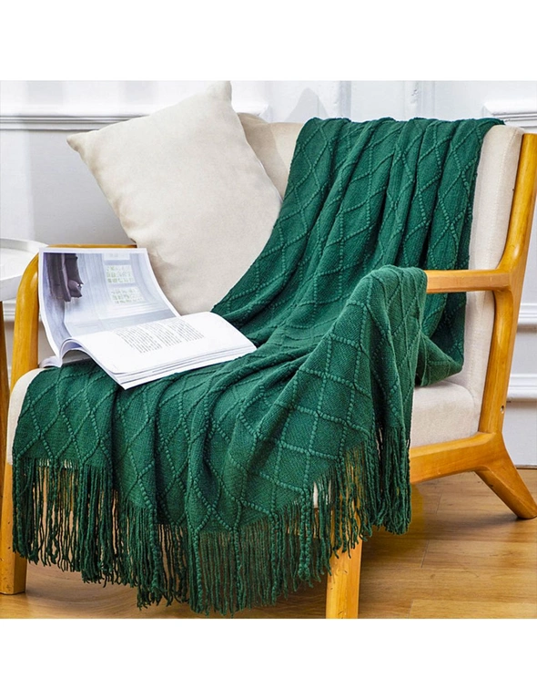 SOGA 2X Green Diamond Pattern Knitted Throw Blanket Warm Cozy Woven Cover Couch Bed Sofa Home Decor with Tassels, hi-res image number null