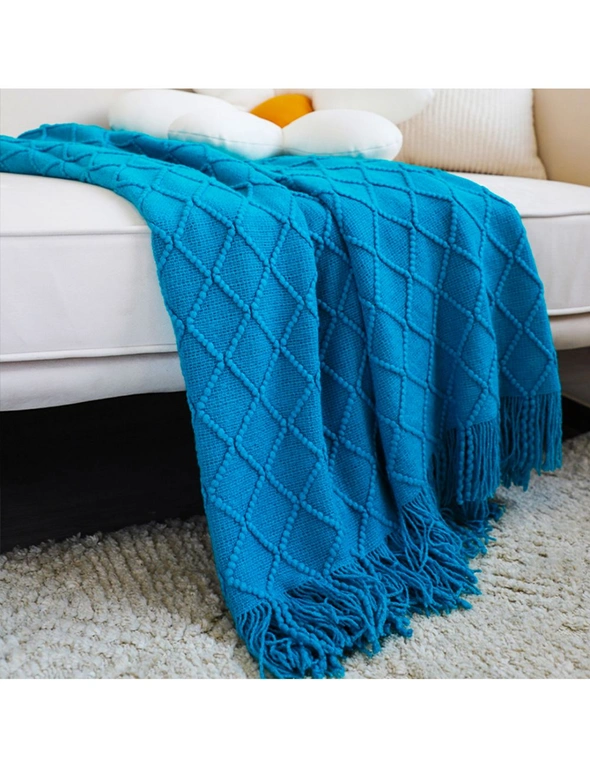 SOGA 2X Blue Diamond Pattern Knitted Throw Blanket Warm Cozy Woven Cover Couch Bed Sofa Home Decor with Tassels, hi-res image number null