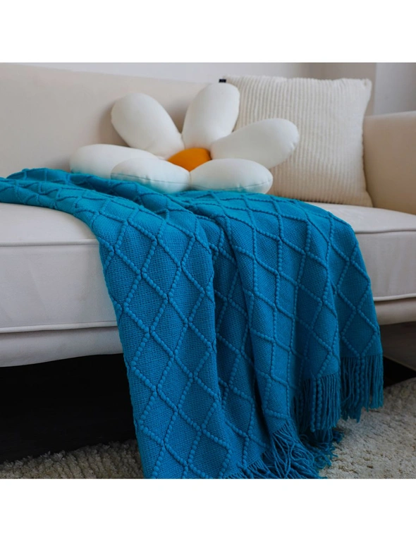 SOGA 2X Blue Diamond Pattern Knitted Throw Blanket Warm Cozy Woven Cover Couch Bed Sofa Home Decor with Tassels, hi-res image number null