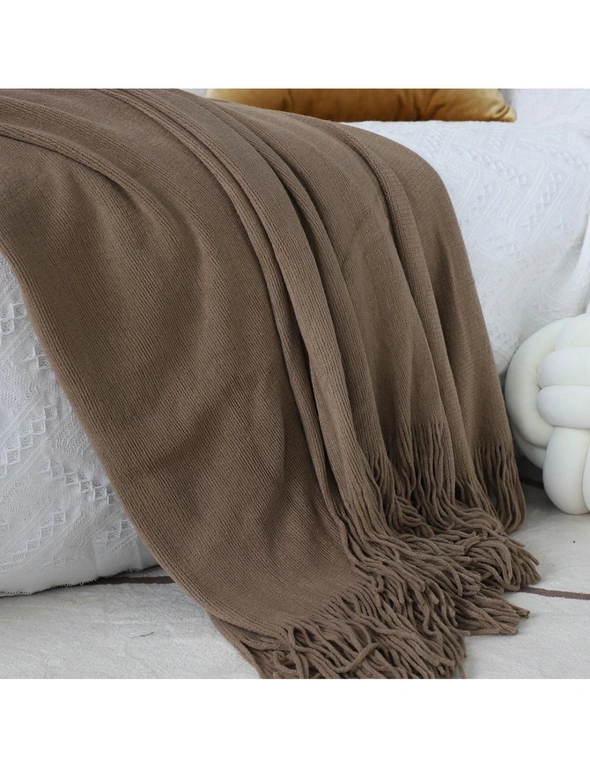 SOGA Coffee Acrylic Knitted Throw Blanket Solid Fringed Warm Cozy Woven Cover Couch Bed Sofa Home Decor, hi-res image number null