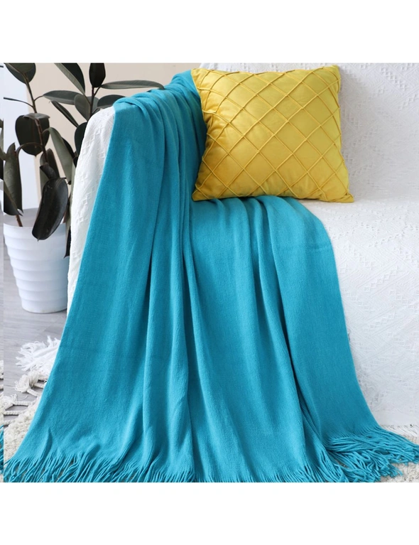 SOGA Blue Acrylic Knitted Throw Blanket Solid Fringed Warm Cozy Woven Cover Couch Bed Sofa Home Decor, hi-res image number null