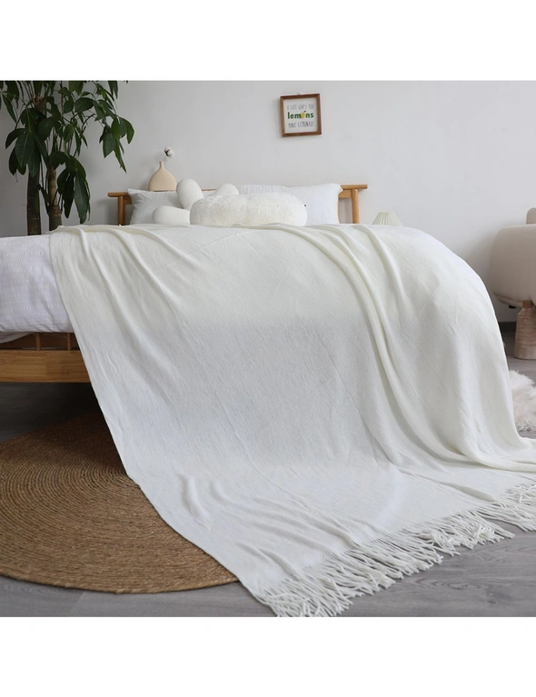 SOGA White Acrylic Knitted Throw Blanket Solid Fringed Warm Cozy Woven Cover Couch Bed Sofa Home Decor, hi-res image number null