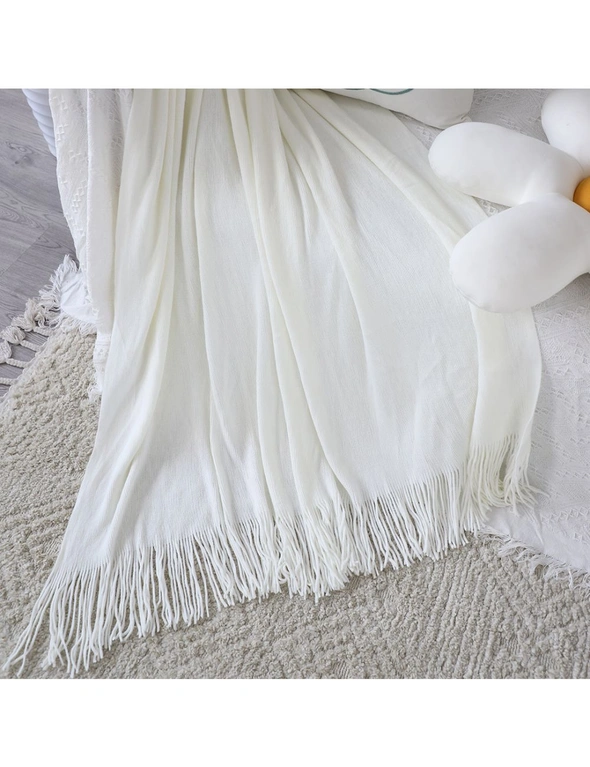 SOGA White Acrylic Knitted Throw Blanket Solid Fringed Warm Cozy Woven Cover Couch Bed Sofa Home Decor, hi-res image number null