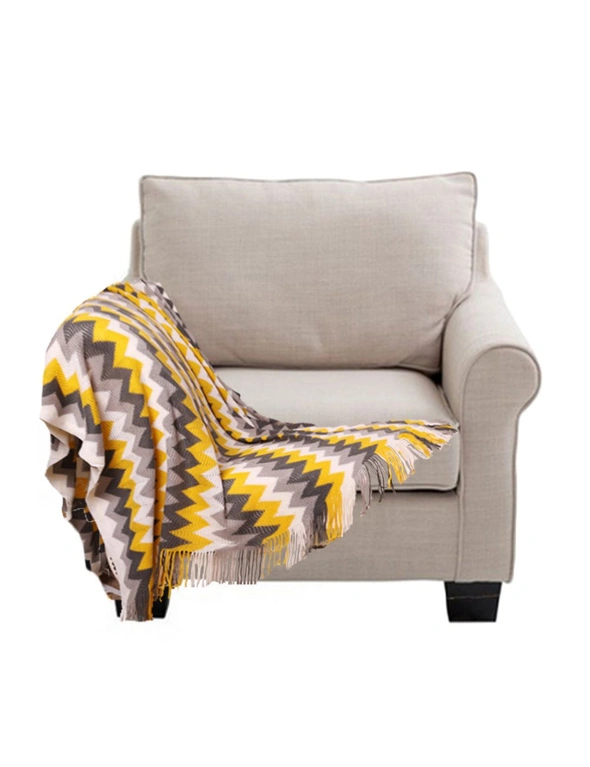 SOGA 170cm Yellow Zigzag Striped Throw Blanket Acrylic Wave Knitted Fringed Woven Cover Couch Bed Sofa Home Decor, hi-res image number null
